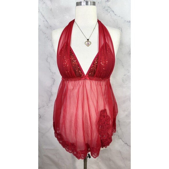 Vtg Fredericks Of Hollywood Red Babydoll Nightie Dress sz M Lingerie Mesh Gothic - Picture 13 of 15